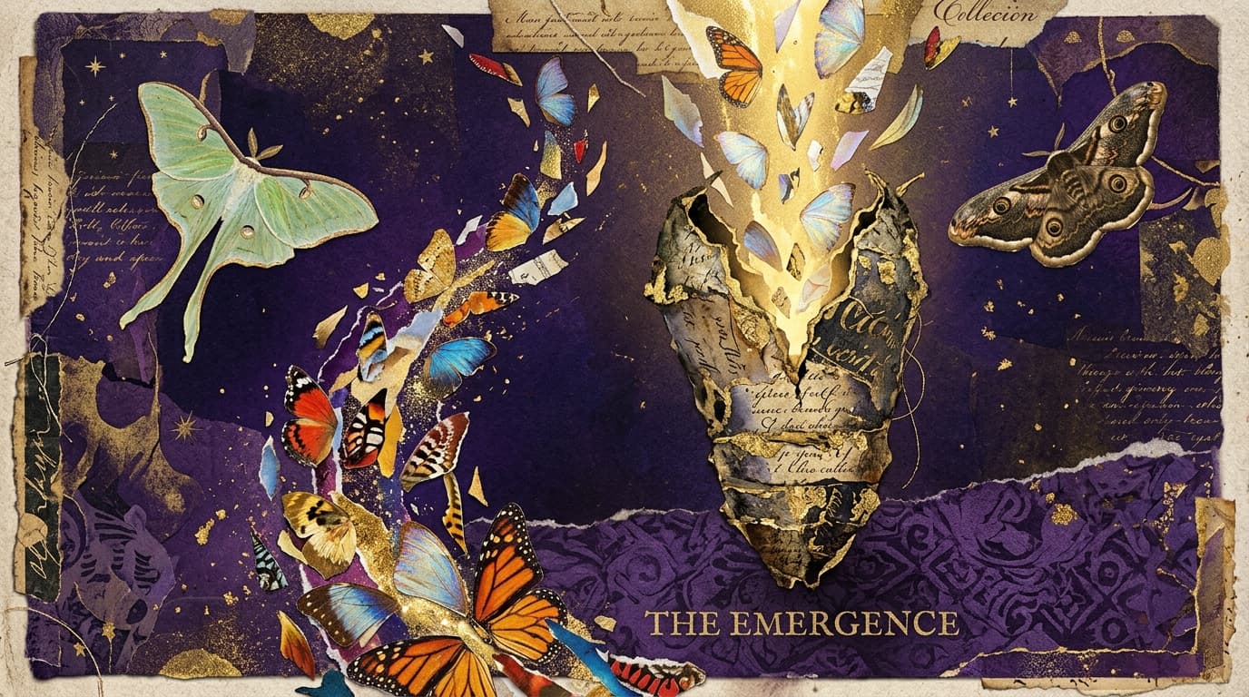 Collage surréaliste : chrysalide entr'ouverte d'où s'élève une lumière dorée, papillon de papier en suspension, fond violet nuit