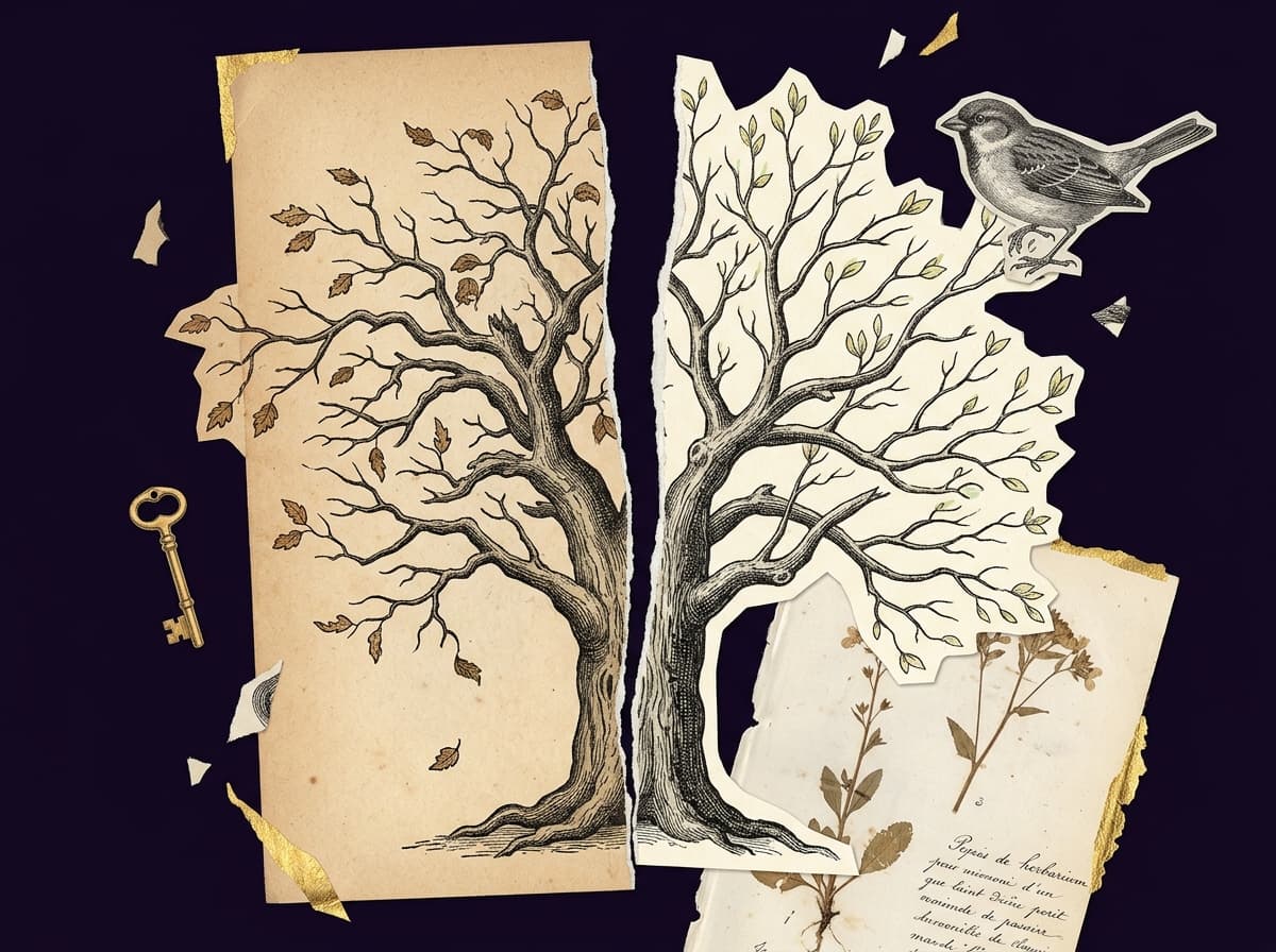 Collage surréaliste : arbre coupé en deux moitiés — l'une effeuillée, l'autre bourgeonnante — sur fond violet nuit