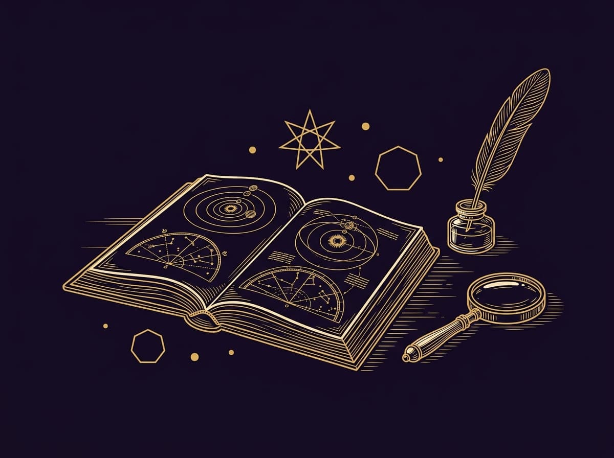 Livre ouvert, plume et loupe en gravure dorée, sept points en heptagramme, fond violet nuit
