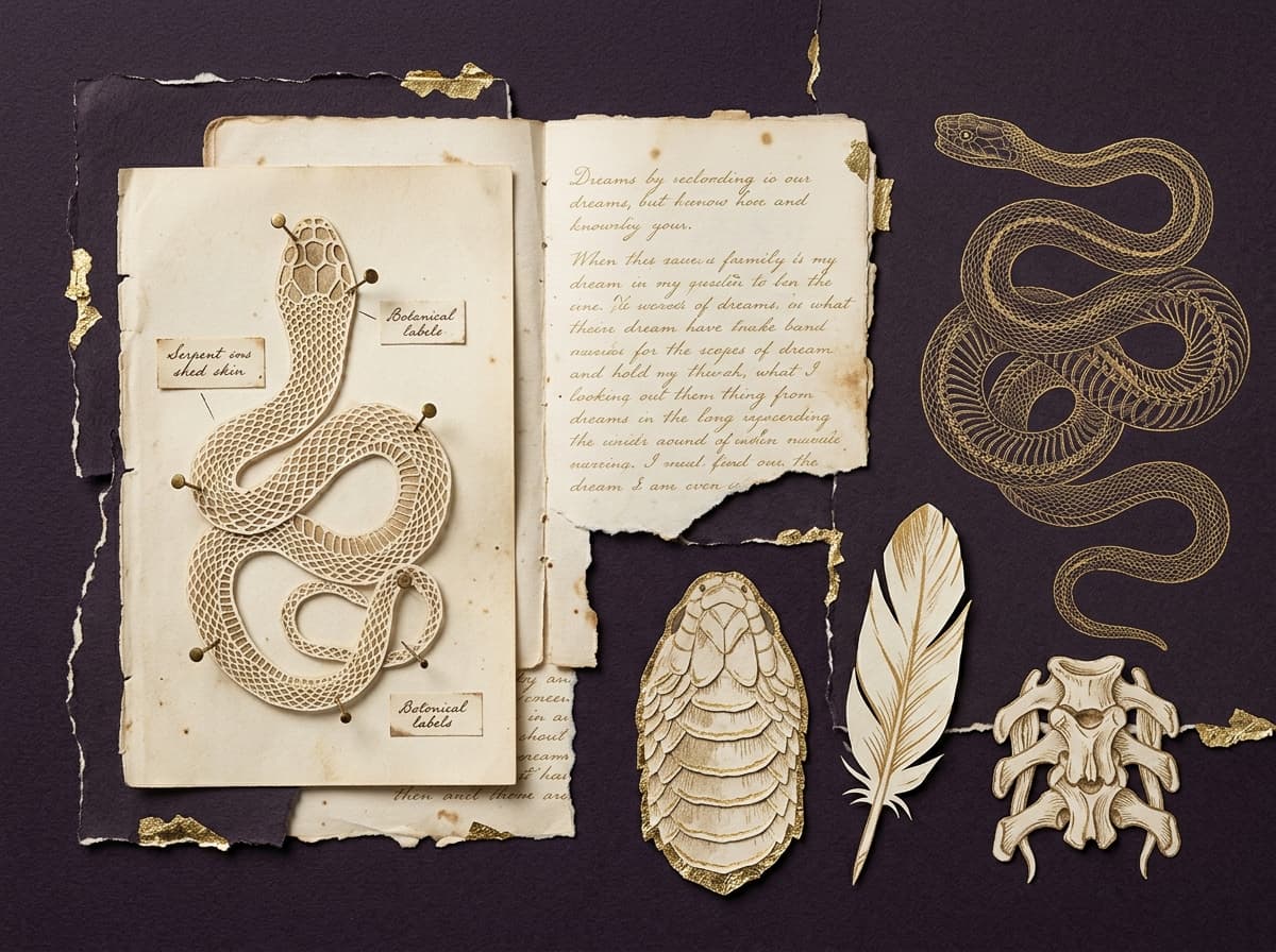 Mue de serpent et page de carnet : variantes oniriques en collage paper-cut