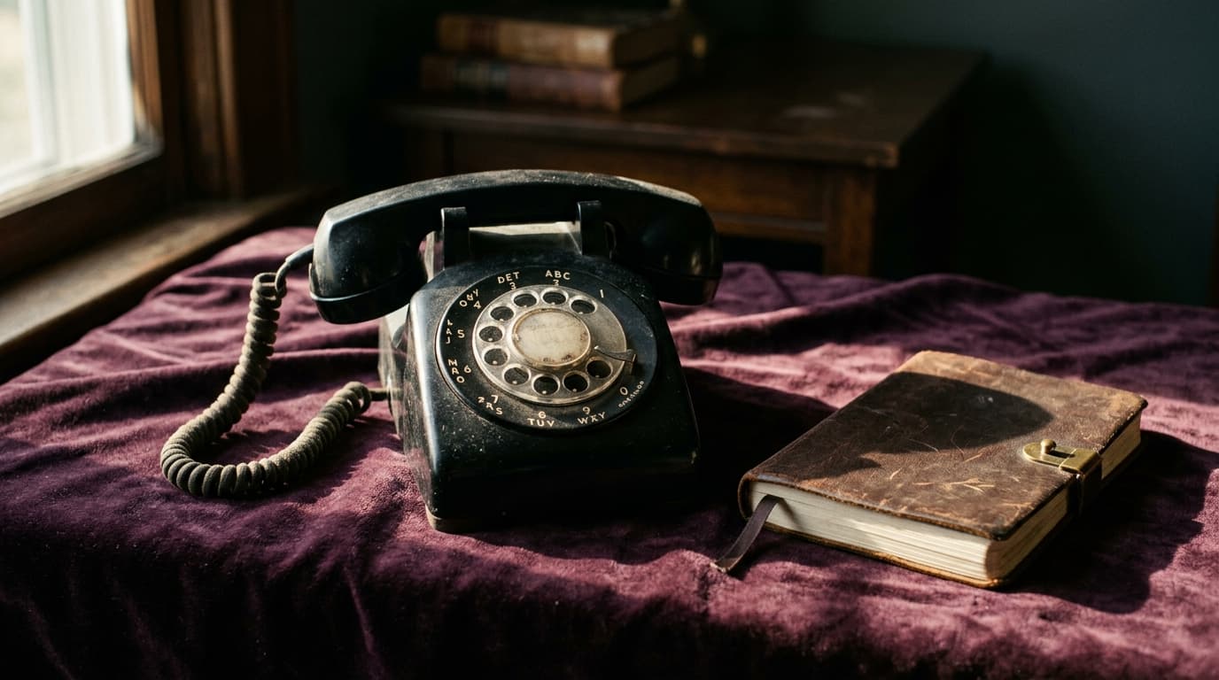 Combiné de téléphone vintage, carnet fermé et carte de visite posés sur velours aubergine, lumière latérale rasante