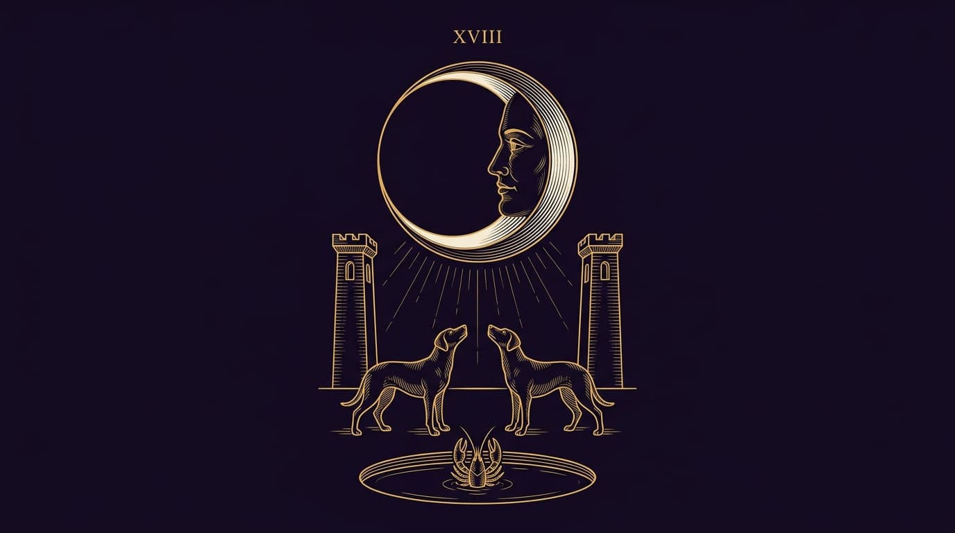 Gravure dorée de l'arcane XVIII La Lune, deux chiens et une écrevisse sous une lune partagée en deux croissants, fond violet nuit