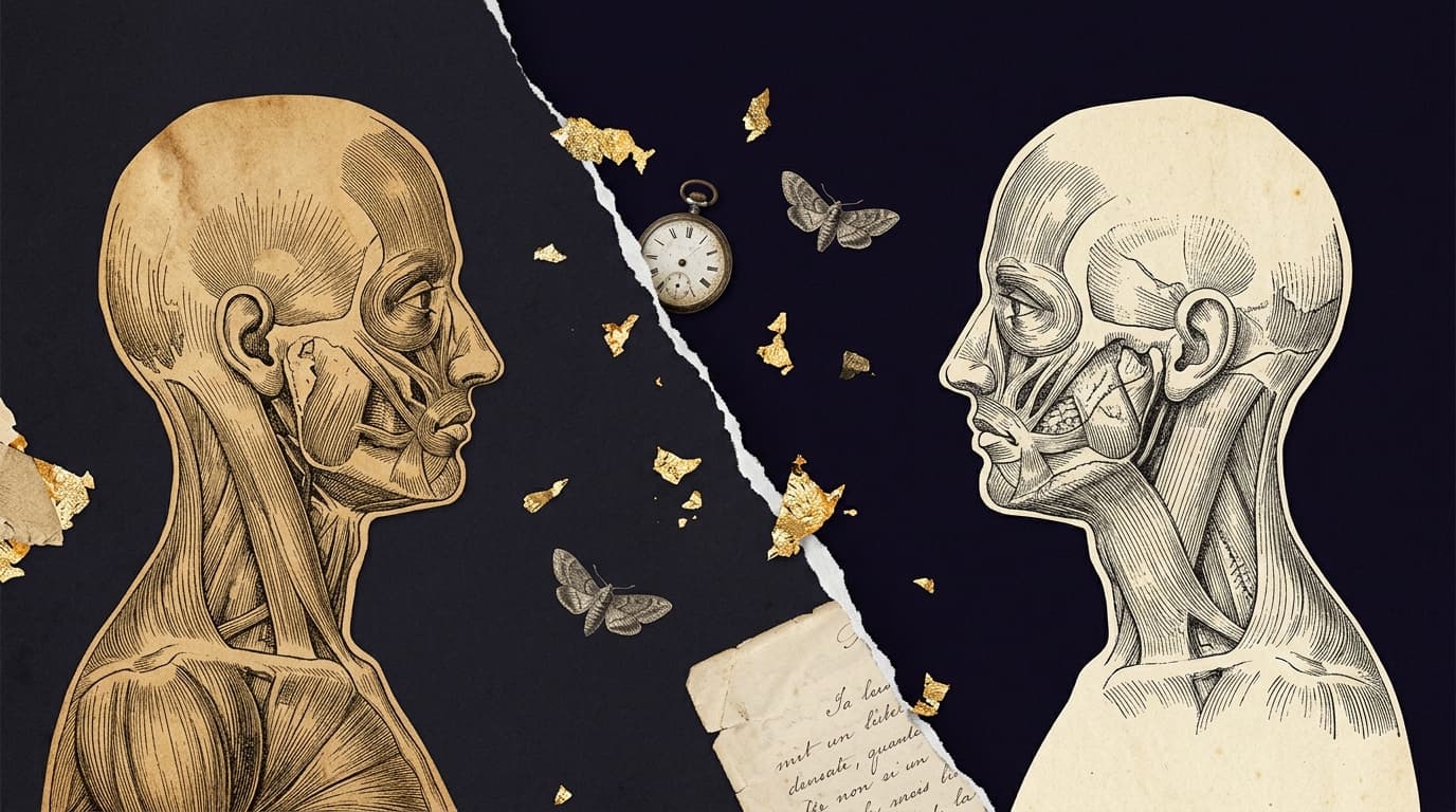 Collage surréaliste : deux profils gravés se faisant face, séparés par une déchirure dorée, fond violet nuit