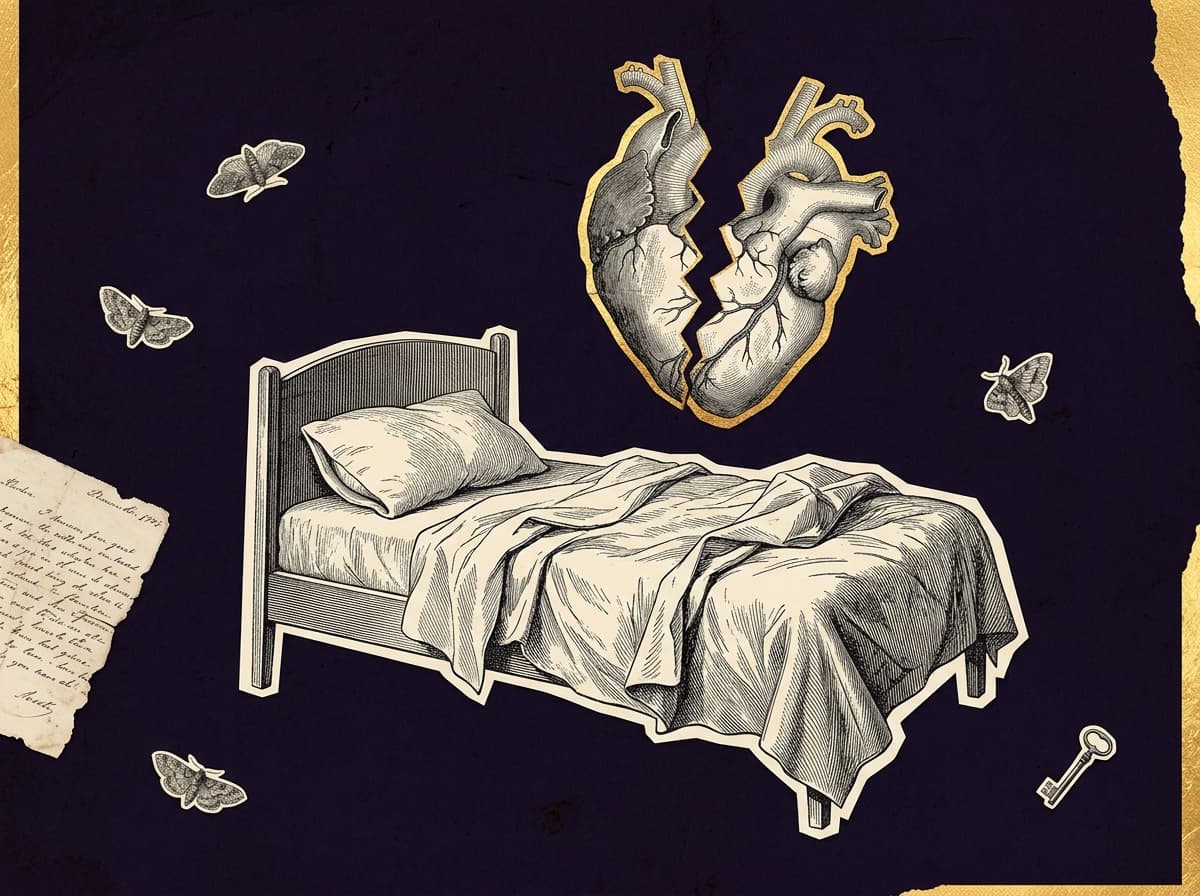 Collage surréaliste : lit défait, moitié de cœur anatomique gravé, fragments de lettre et clé sur fond violet nuit