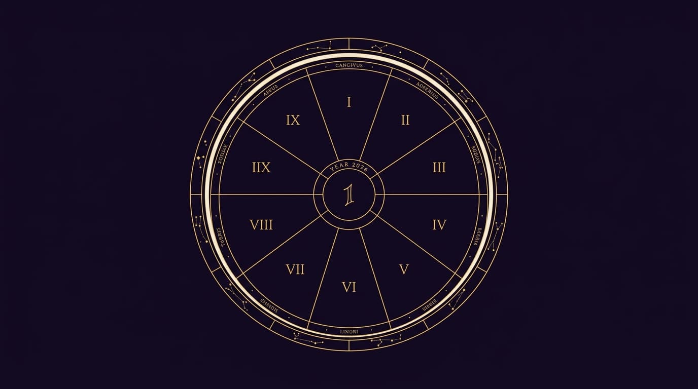 Gravure dorée d'un calendrier annulaire à neuf segments numérotés sur fond violet nuit