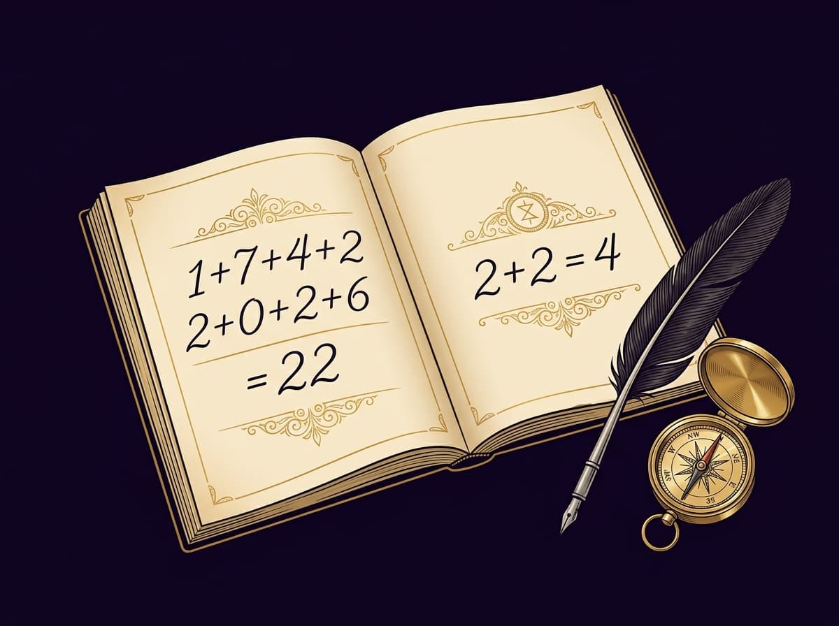 Carnet ouvert avec calcul numérologique à la plume dorée et compas en laiton, fond violet nuit