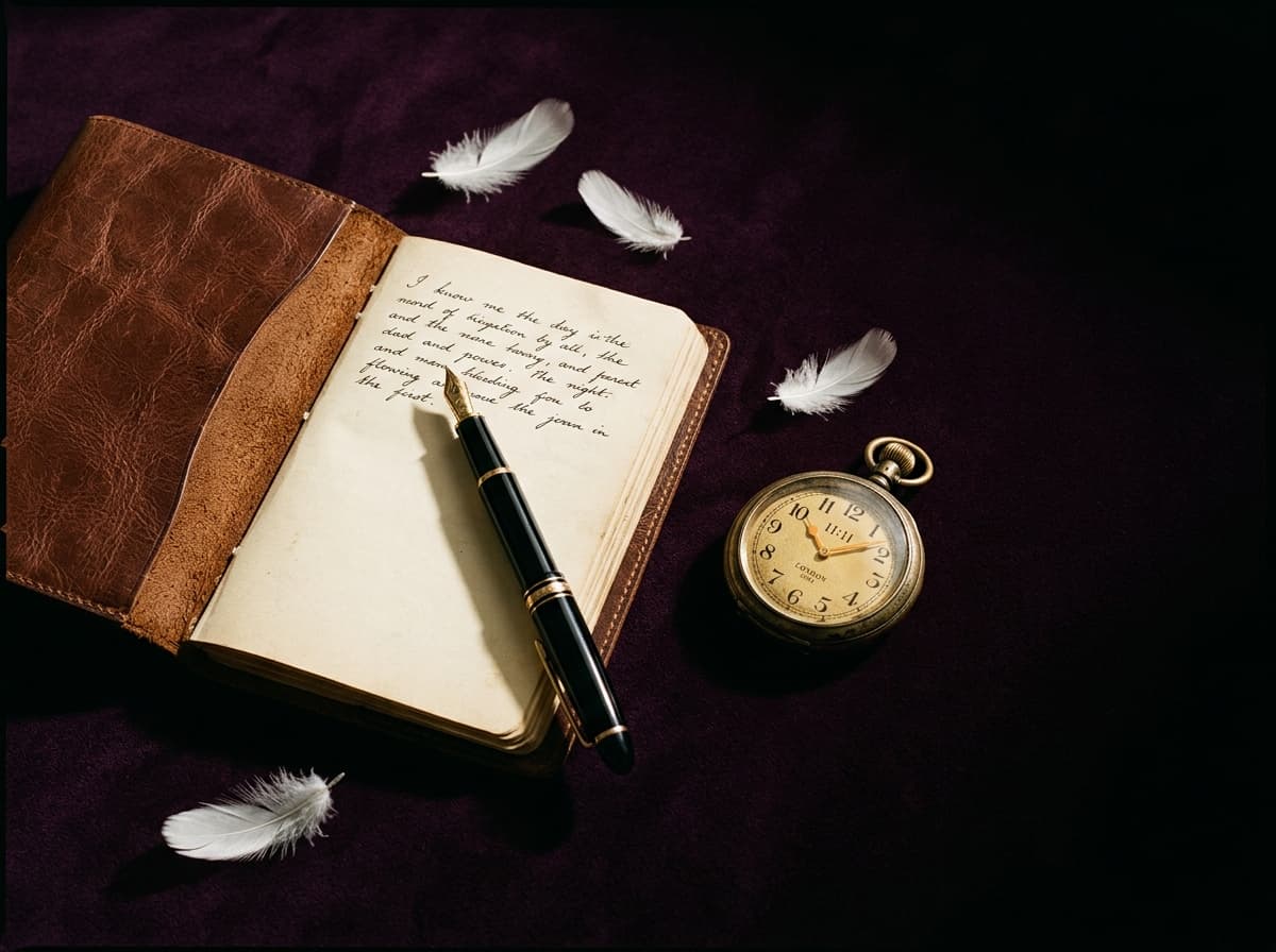 Carnet ouvert, montre à gousset à 11:11 et plumes blanches sur velours aubergine
