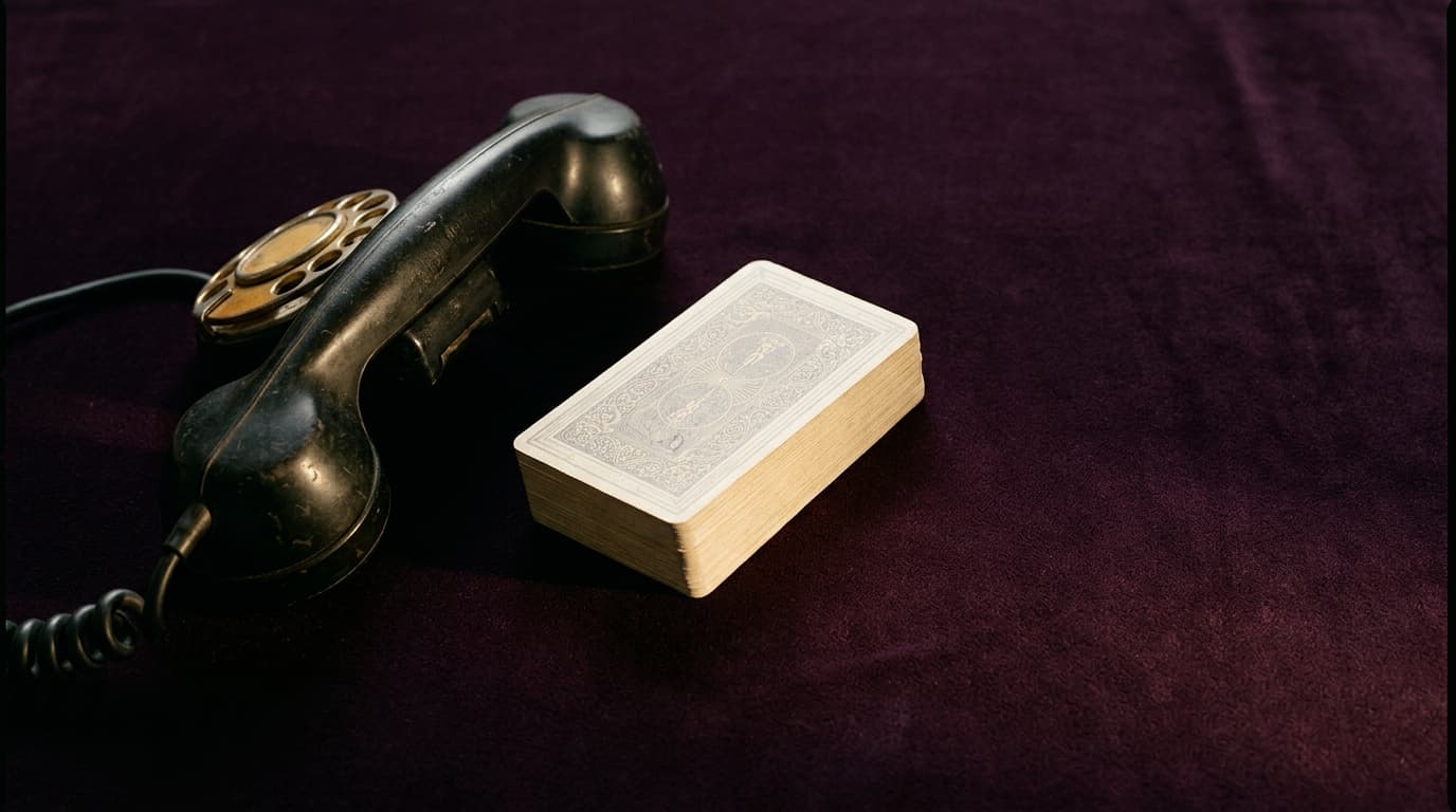 Téléphone vintage à cadran et jeu de tarot fermé sur velours aubergine, lumière dorée rasante, nature morte éditoriale sobre