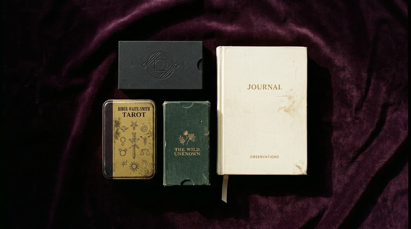 Trois jeux de tarot fermés et carnet relié crème sur velours aubergine, lumière dorée rasante, ambiance éditoriale sobre
