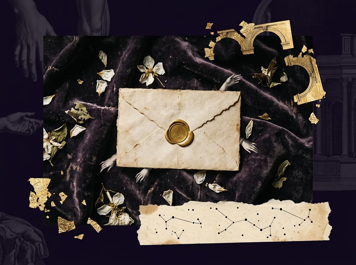 Collage surréaliste : enveloppe scellée d'un anneau doré, pétales séchés dispersés, fond velours violet nuit