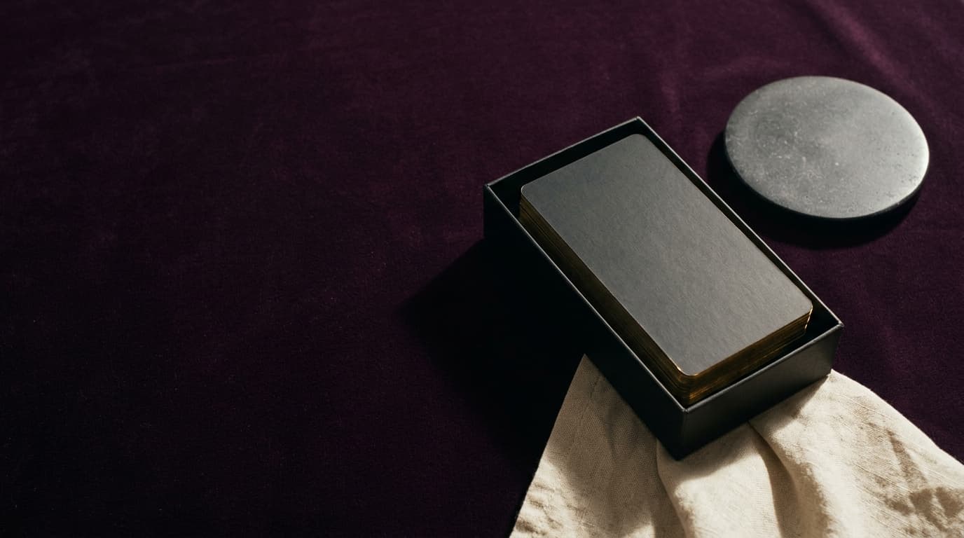 Deck de tarot fermé et coaster en pierre sombre sur velours aubergine profond, lumière dorée rasante latérale, nature morte éditoriale sobre