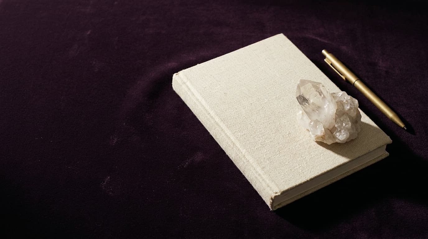 Carnet fermé à couverture en lin et cristal de roche brut posés sur velours aubergine foncé, lumière dorée rasante depuis la gauche, nature morte éditoriale sobre