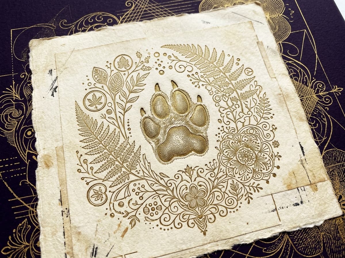 Collage surréaliste : empreinte de patte de chat en gravure fine sur parchemin crème, cercles astronomiques dorés sur fond violet