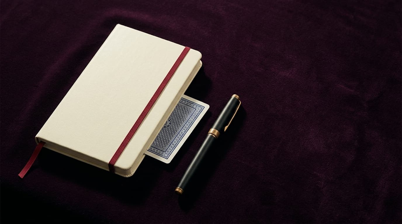 Carnet fermé, carte retournée et stylo sur velours aubergine, lumière latérale franche
