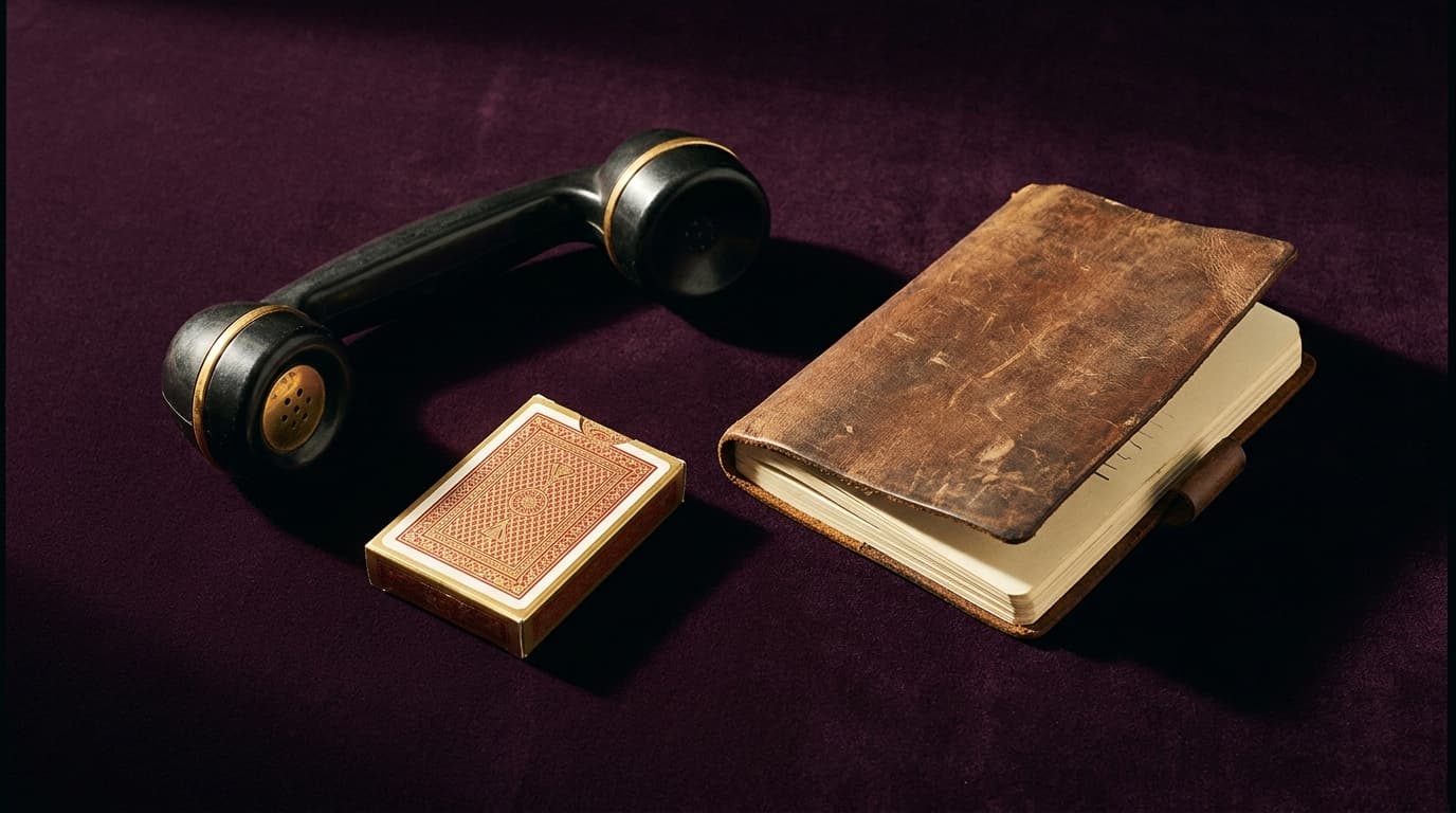 Combiné téléphonique ancien posé près d'un jeu de cartes fermé et d'un carnet en cuir sur velours aubergine foncé, lumière dorée rasante, nature morte éditoriale sobre