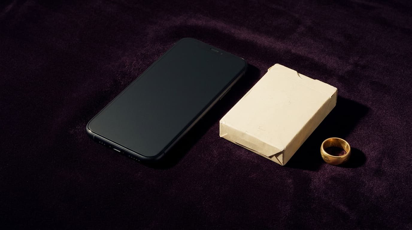 Téléphone éteint posé sur du velours aubergine à côté d’un jeu de cartes fermé et d’une bague dorée, lumière latérale sobre