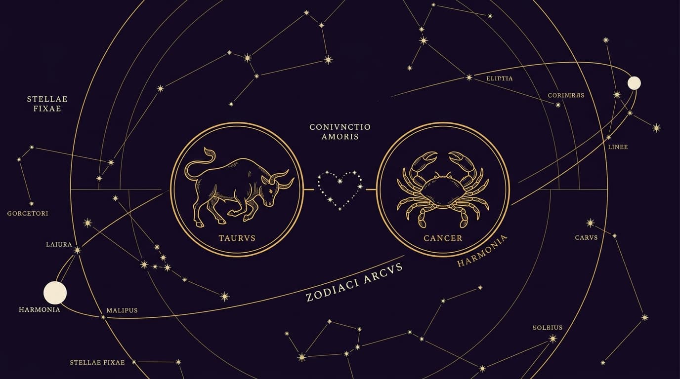 Gravure dorée de deux signes du zodiaque face à face reliés par une constellation en cœur, sur fond violet nuit