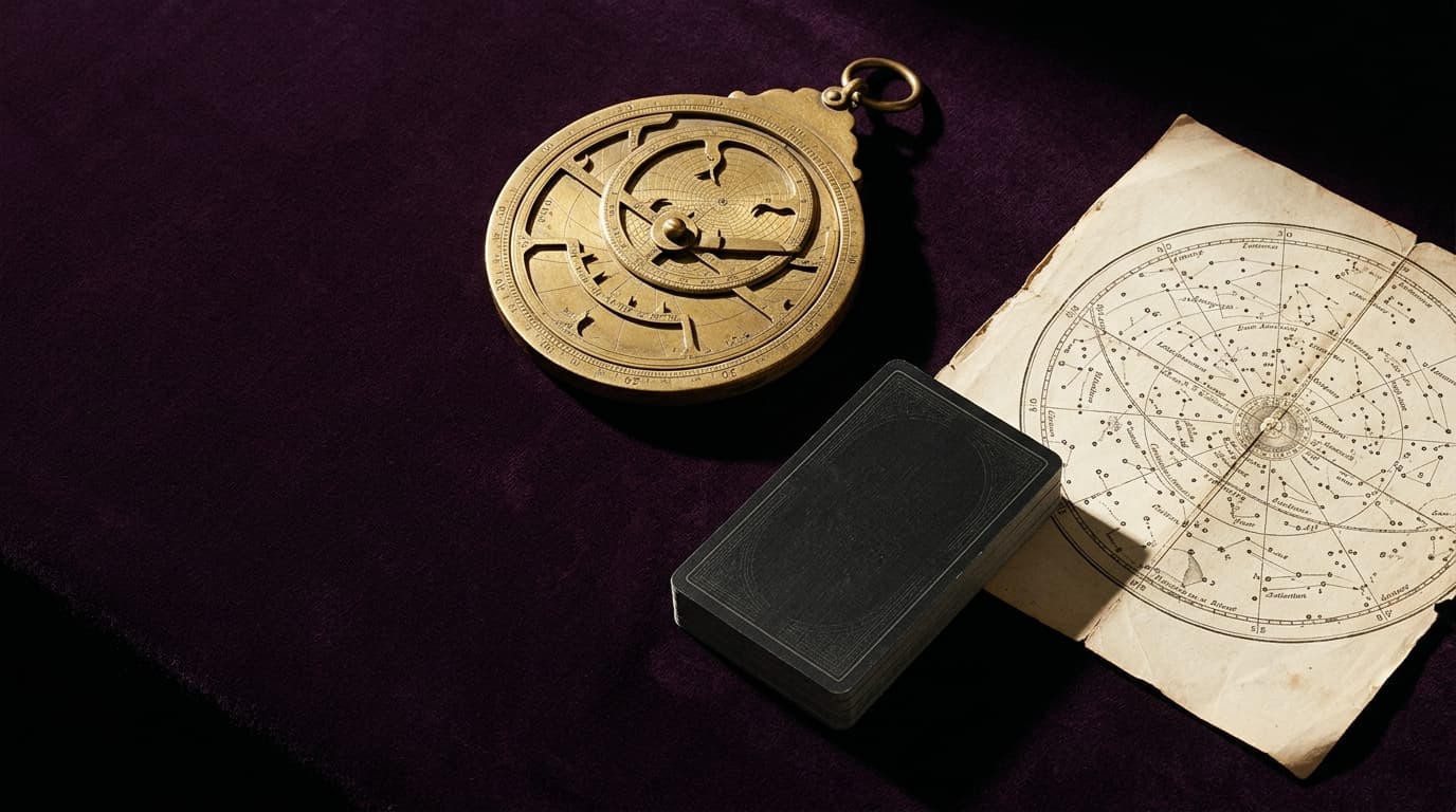 Astrolabe en laiton, jeu de cartes fermé et vieille carte du ciel posés sur velours aubergine foncé, lumière dorée rasante, nature morte éditoriale sobre