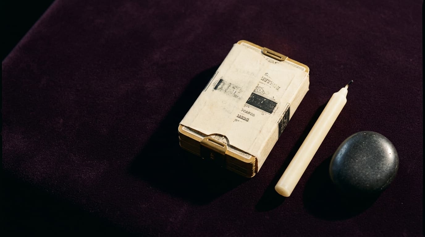 Jeu de cartes ancien fermé, bougie crème éteinte et pierre sombre polie sur velours aubergine, lumière dorée rasante, nature morte éditoriale sobre