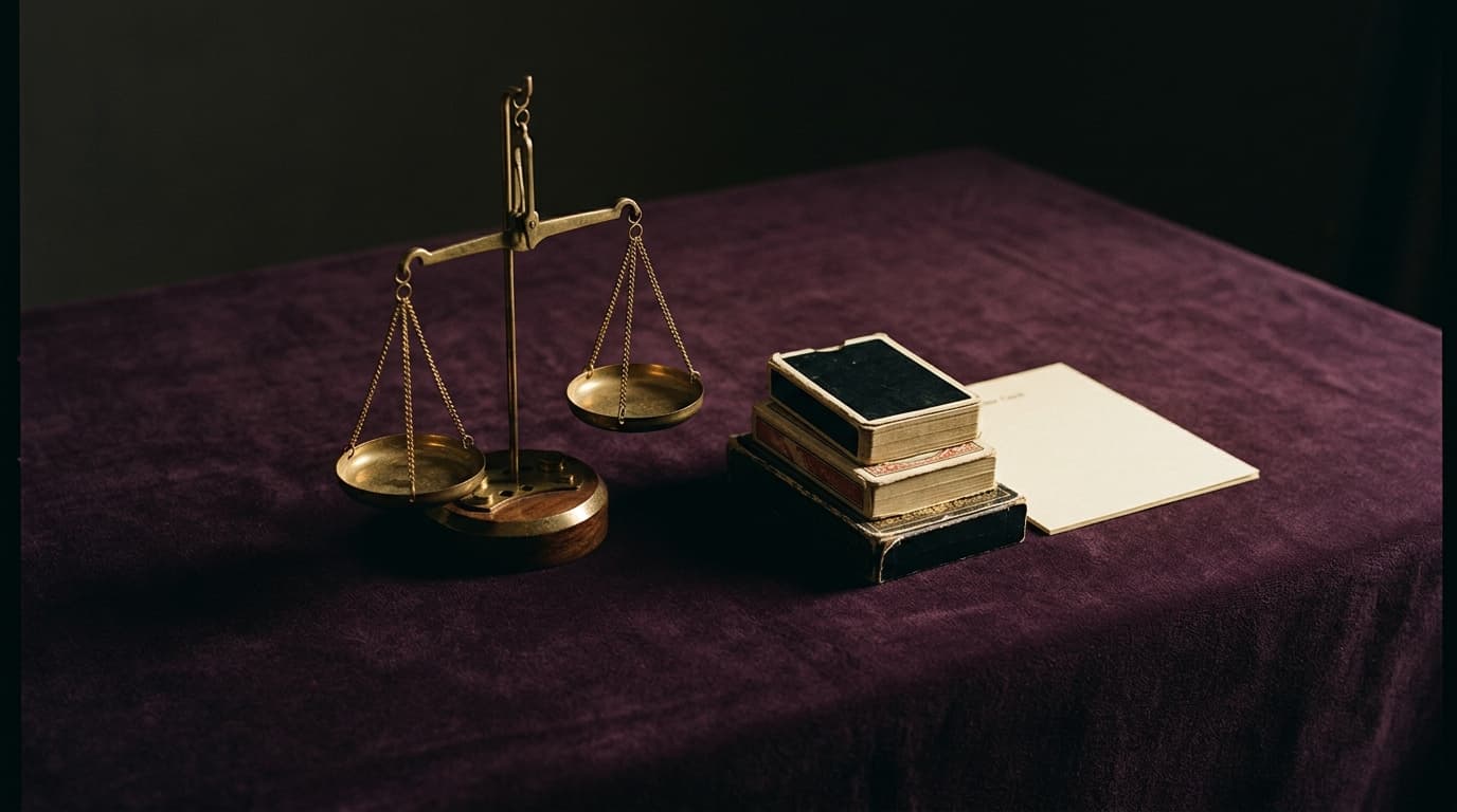 Balance ancienne en laiton, jeux de cartes fermés et carte de papier crème posés sur velours prune sombre, lumière dorée rasante, nature morte éditoriale sobre