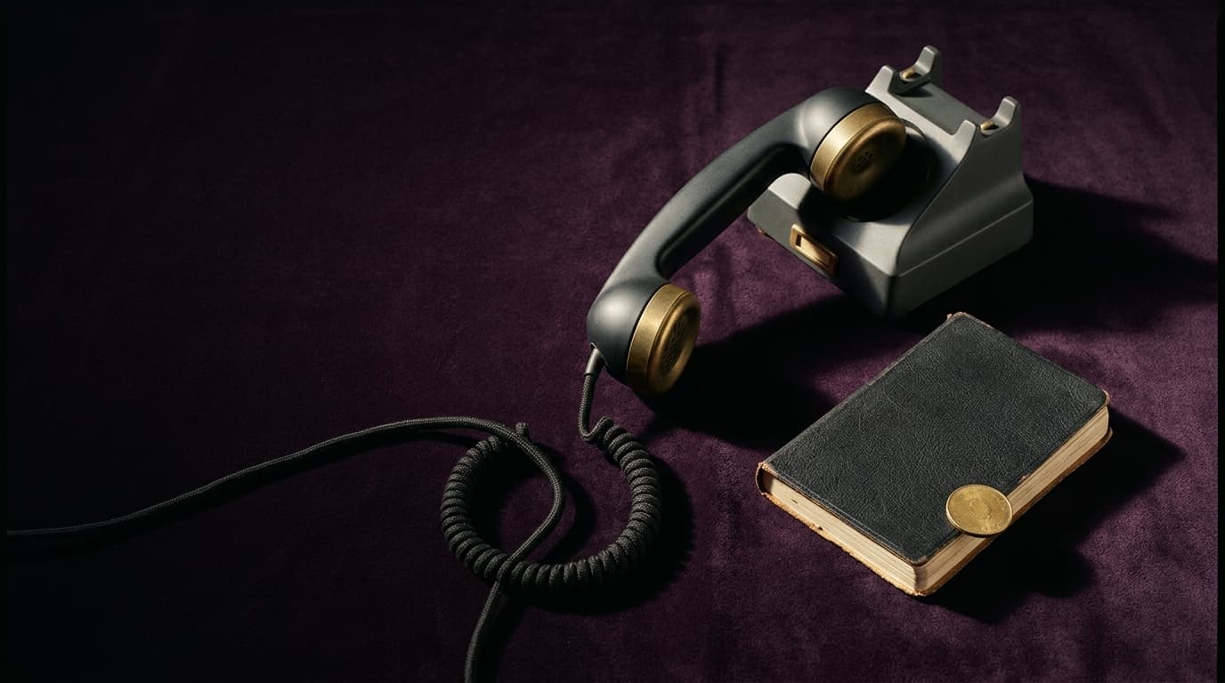 Combiné de téléphone vintage décroché posé sur velours prune à côté d'un carnet noir et d'une pièce dorée, lumière rasante dorée, nature morte éditoriale sobre
