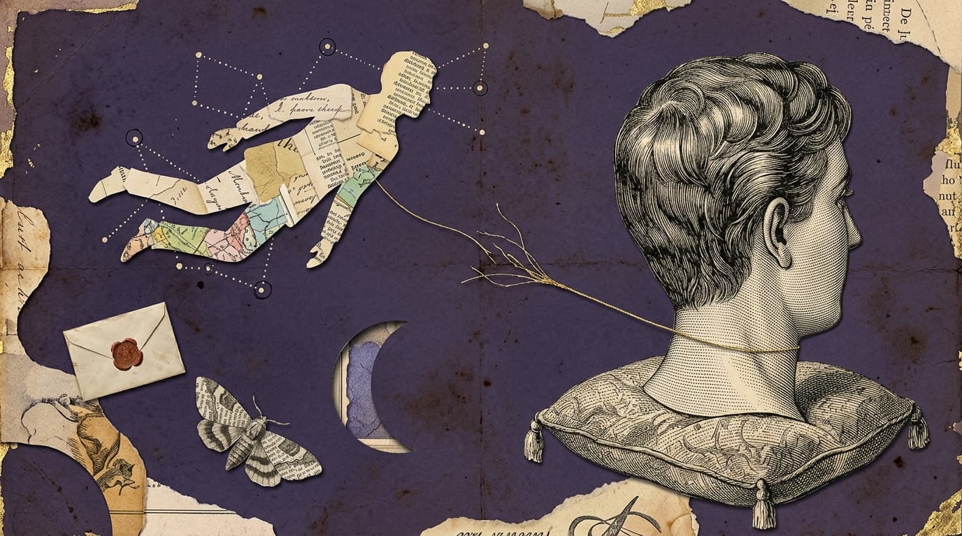 Collage surréaliste : tête gravée posée sur un oreiller, silhouette de papier faite de fragments de lettres reliée par un fil doré qui s'effiloche, fond violet nuit