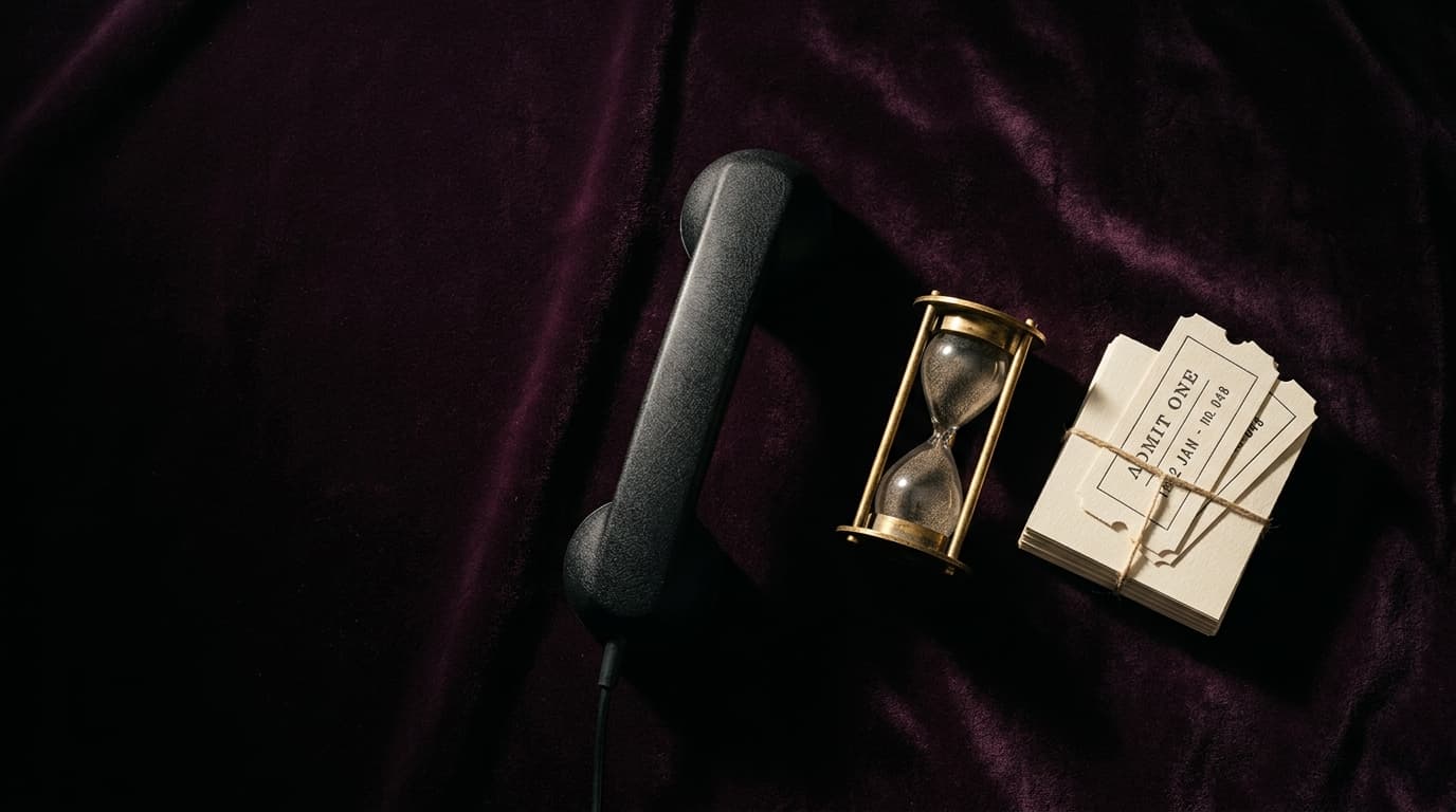 Combiné de téléphone noir mat, sablier en laiton et tickets de papier crème posés sur velours prune sombre, lumière dorée rasante, nature morte éditoriale sobre