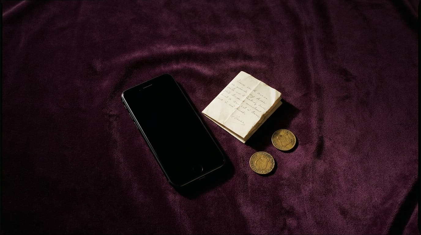 Smartphone à écran éteint posé sur velours prune à côté d'une note manuscrite pliée et de deux pièces dorées, lumière rasante dorée, nature morte éditoriale sobre
