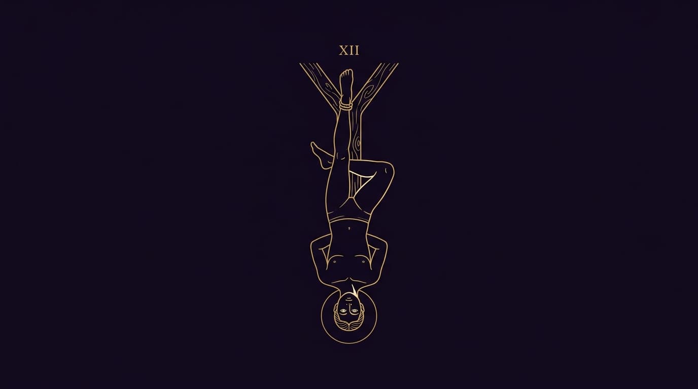 Gravure dorée de l’arcane XII du tarot : personnage suspendu par le pied gauche à une potence de bois, jambe droite repliée en croix, bras croisés dans le dos, visage serein cerclé d’un halo doré, fond violet nuit