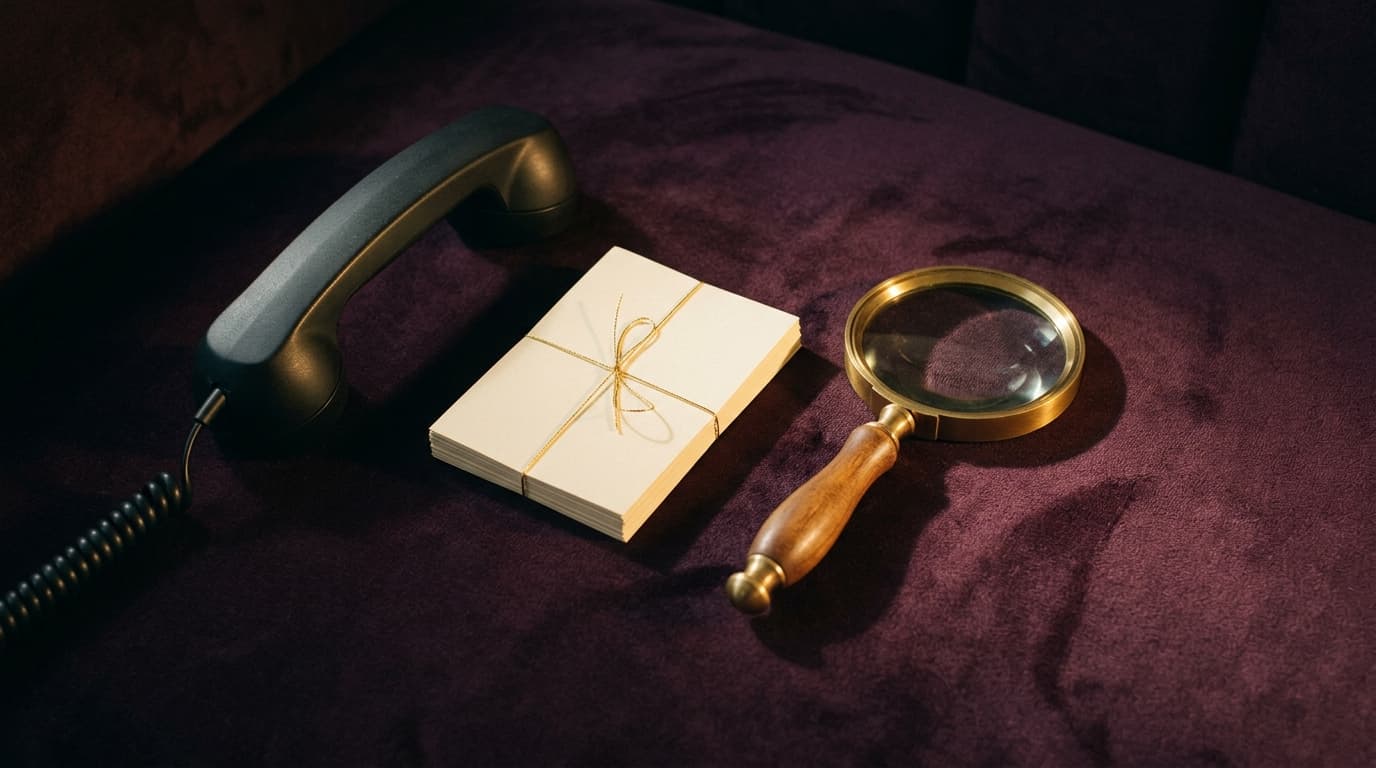 Combiné de téléphone noir mat, petite pile de cartes de papier crème nouées d'un fil doré et loupe en laiton posés sur velours prune sombre, lumière dorée rasante, nature morte éditoriale sobre