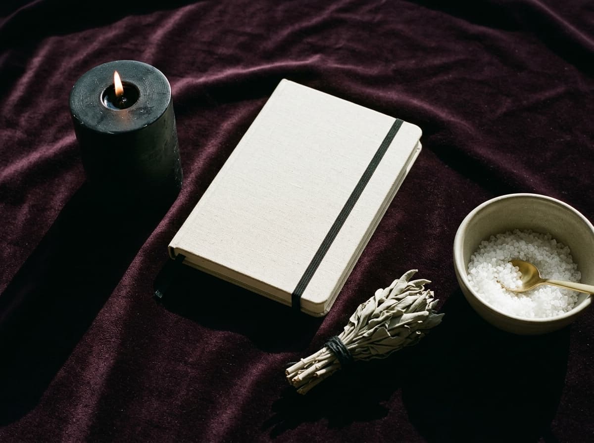 Autel minimaliste pour rituel de pleine lune : bougie noire, carnet, sauge séchée, sel