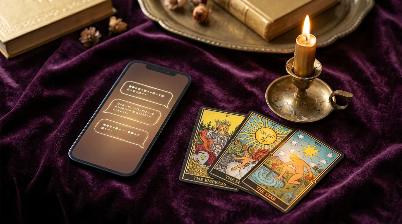 Smartphone affichant des bulles de tchat lumineuses sur velours aubergine, cartes de tarot et bougie dorée, lumière chaude éditoriale