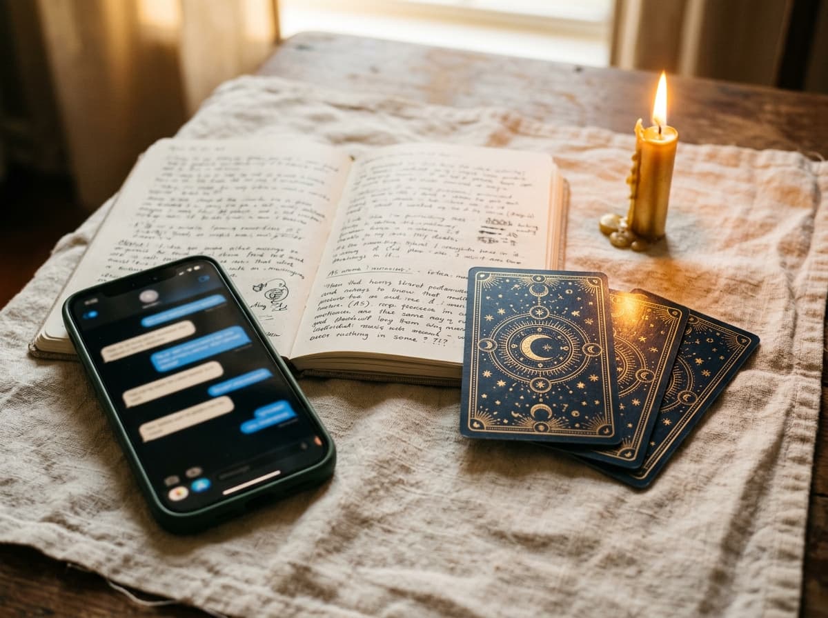Nature morte éditoriale sobre autour d'une consultation de voyance en tchat, objets posés sur velours sombre, lumière dorée rasante