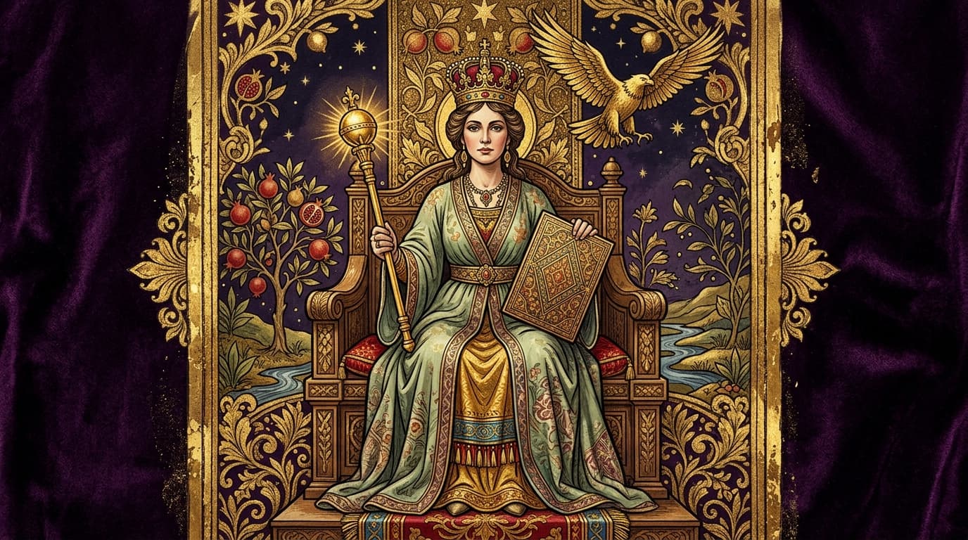 Figure de l'Impératrice trônant avec couronne, sceptre globe et aigle doré, gravure éditoriale sur fond violet nuit