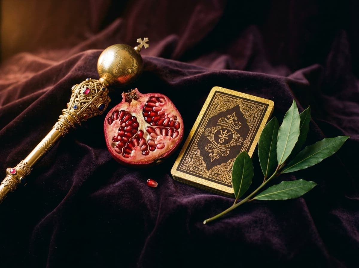 Sceptre doré, grenade ouverte, carte de tarot face cachée et feuilles de laurier sur velours violet