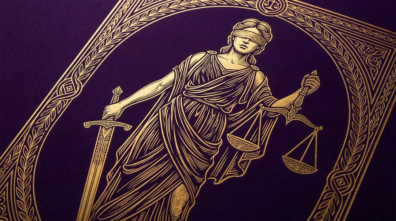 Figure de la Justice stylisée tenant épée à droite et balance à gauche, gravure dorée sur fond violet nuit