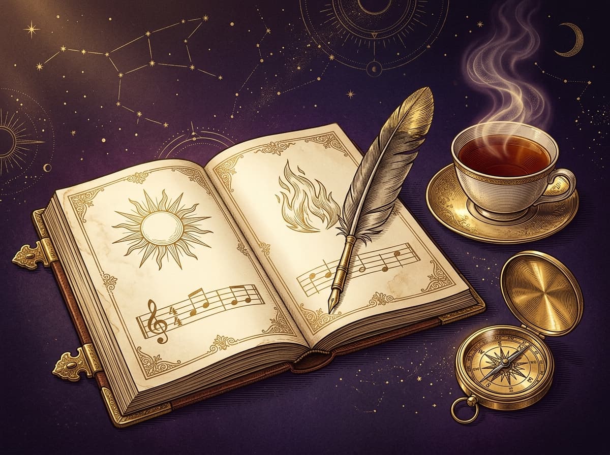 Plume, carnet ouvert et tasse fumante en gravure dorée sur fond violet nuit