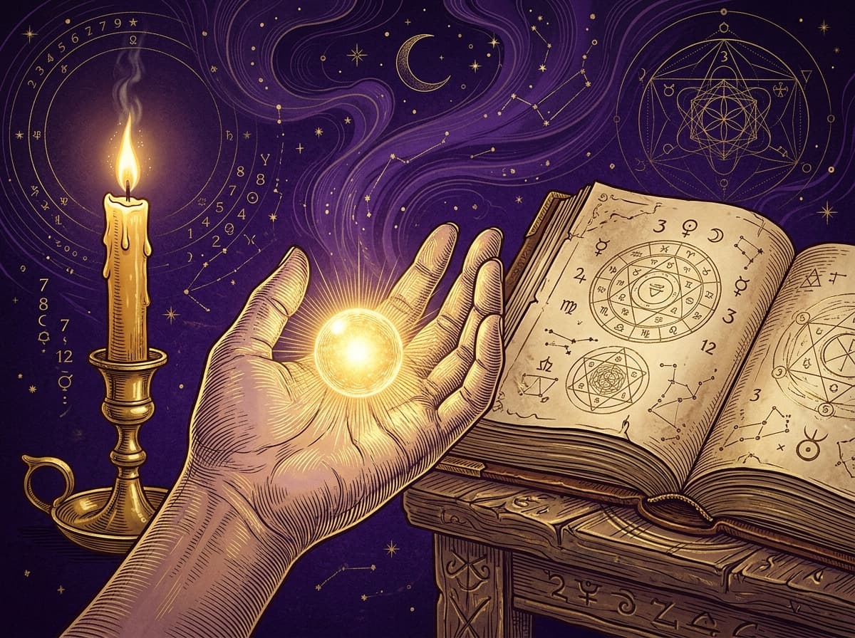 Main ouverte tenant une lumière dorée, bougie allumée et livre ouvert en gravure dorée sur fond violet nuit