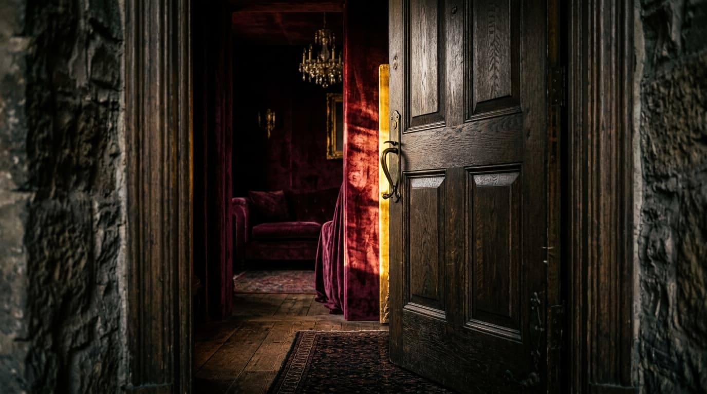 Porte entr'ouverte laissant passer une lumière dorée sur fond aubergine, ambiance éditoriale contemplative