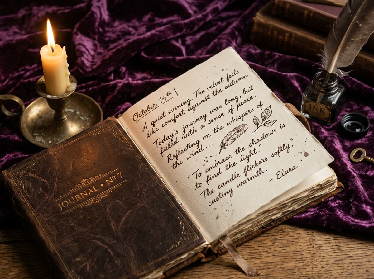 Carnet ouvert avec lettre manuscrite à moitié visible et bougie allumée, velours sombre