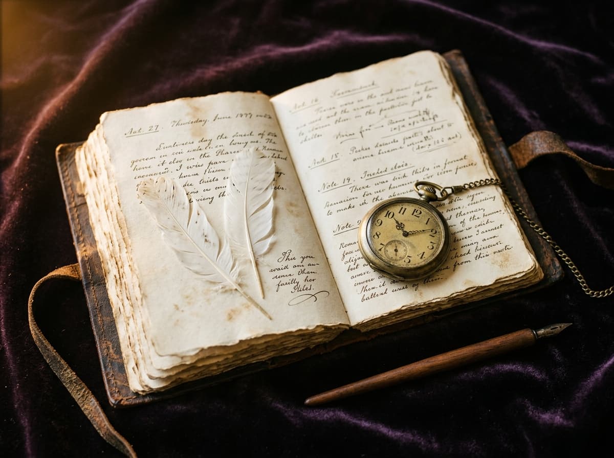 Carnet ouvert, montre à gousset affichant 10:01 et plumes blanches sur velours aubergine