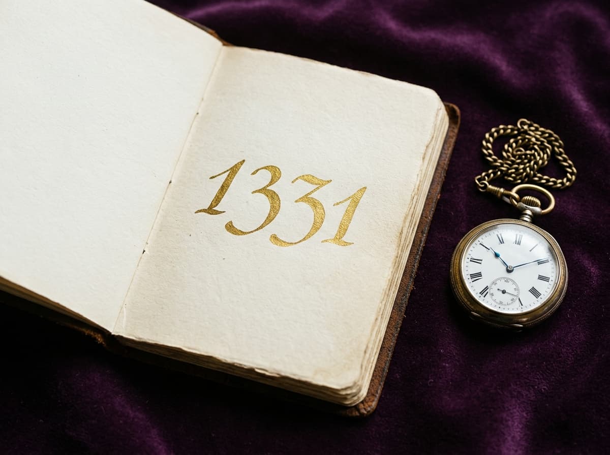 Carnet ouvert avec chiffres dorés 13 et 31, petite montre à gousset sur velours violet