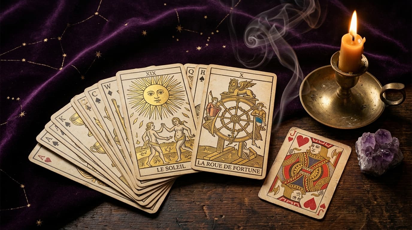 Cartes de tarot anciennes étalées en éventail sur velours aubergine, bougie dorée et améthyste, lumière chaude éditoriale