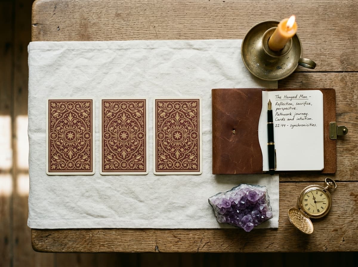 Trois cartes de tarot face cachée sur tissu crème, carnet ouvert, bougie dorée et montre à gousset, lumière chaude latérale