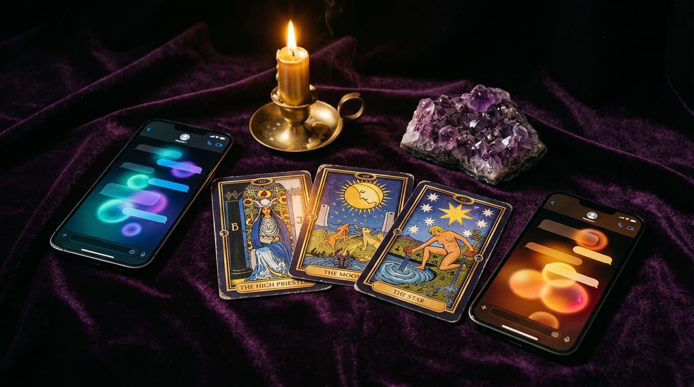 Deux smartphones côte à côte affichant des bulles de tchat lumineuses sur velours aubergine, cartes de tarot et bougie dorée, éditorial chaud