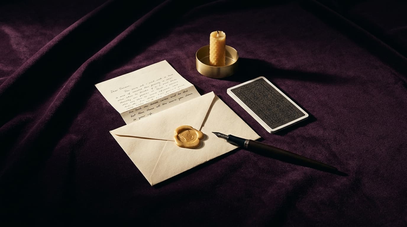 Enveloppe crème cachetée à la cire dorée, stylo plume et lettre pliée sur velours aubergine, ambiance éditoriale sobre
