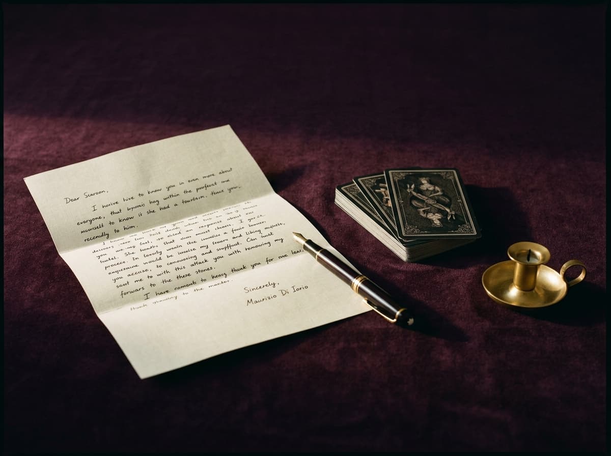 Lettre manuscrite ouverte sur lin crème, stylo plume doré, trois cartes de tarot face cachée et bougie dorée éteinte