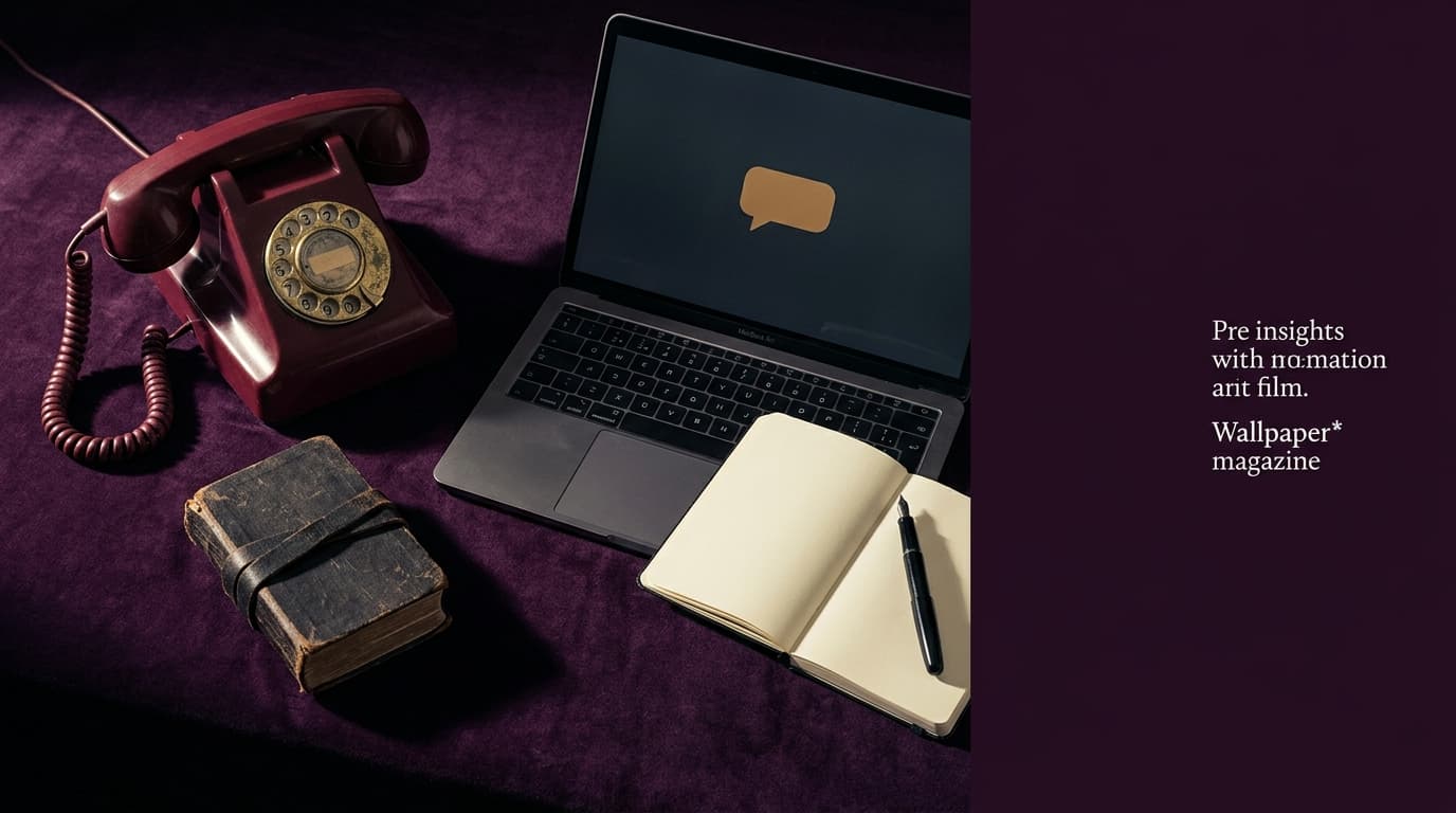 Téléphone rotatif bordeaux, jeu de tarot fermé et ordinateur portable sur velours aubergine, ambiance éditoriale sobre