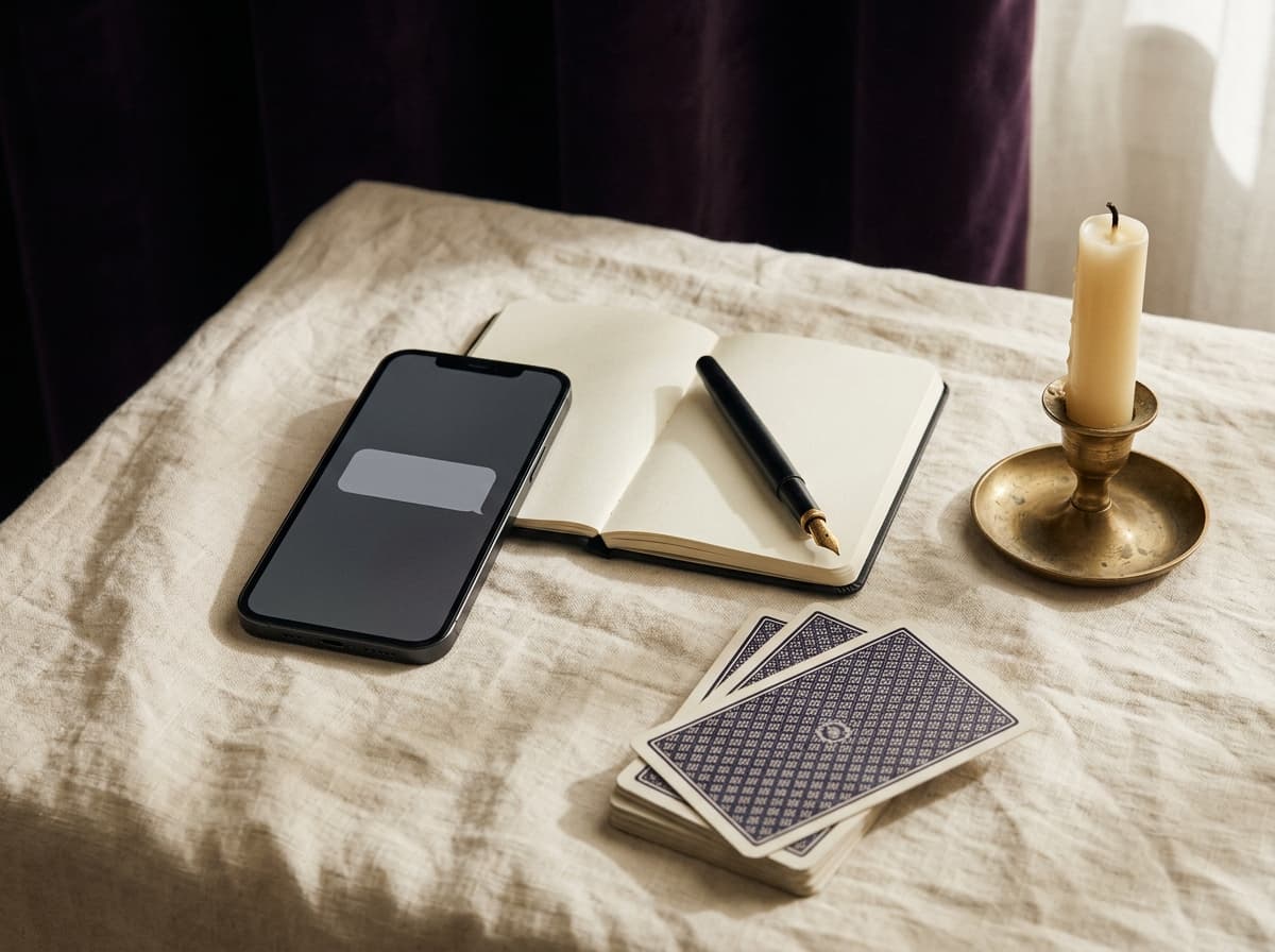 Nature morte éditoriale sobre évoquant une consultation de voyance en ligne, objets posés sur surface sombre, lumière dorée