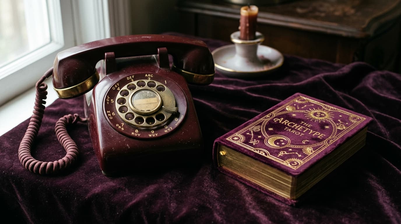 Téléphone rotatif vintage bordeaux et jeu de tarot fermé sur velours aubergine, bougie dorée éteinte, ambiance éditoriale sobre